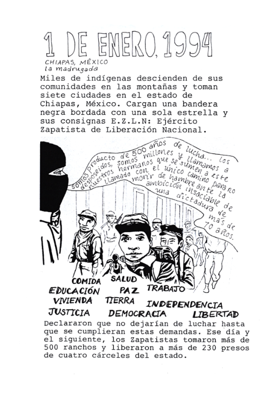 1 DE ENERO 1994  CHIAPAS, MEXICO  (a madrugada  Miles de indigenas descienden de sus comunidades en las montaas y toman siete ciudades en el estado de Chiapas, México. Cargan una bandera negra bordada con una sola estrella y sus consignas E.Z.L.N: Ejército zapatista de Liberacién Nacional.  EDUCACION VIVIENDA  TIERRA  1n/DEPENDENCTA JUSTICIA  DEMOCRACIA  LIBERTAD  Declararon que no dejarian de luchar hasta que se cumplieran estas demandas. Ese dia y el siguiente, los zapatistas tomaron mas de 500 ranchos y liberaron a mas de 230 presos de cuatro carceles del estado.  